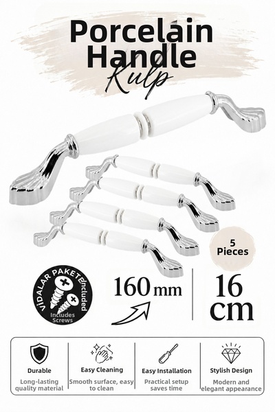 Badem10 (5 Pieces) Gardenya Porcelain White Chrome Handle 160 mm 16 cm Furnit...