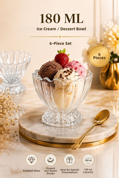 Mutfiko 6-Piece Glass Ice Cream Bowl 180 ml – Glass Serving Bowl with Stand, ...