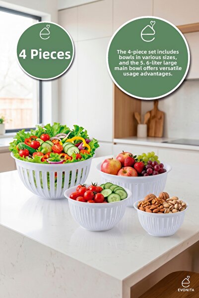 EVONİTA 4-Piece Bowl Set Multi-Purpose Kitchen Bowl Plastic Colorful Mixing S...
