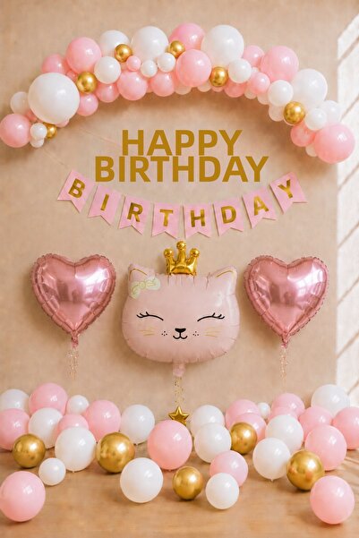 Baloncu Nene Cat Themed Birthday Balloon Set Pink Gold White Happy Birthday H...