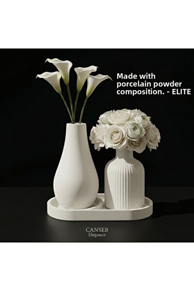 CANSEB Elegance Triple Decorative Pampas Flower Vase Set 13cm - 10cm - 17cm Tray