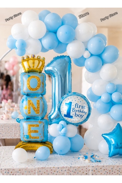 Parti Dükkanı 1 Year Old Boy Birthday Balloon Set Blue White Concept One Writ...