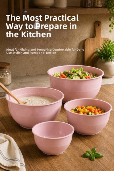 Vienev 4-Piece Mixing and Preparation Bowl Set - Powder Pink - 1L 1.5L 2.3L 3.3L
