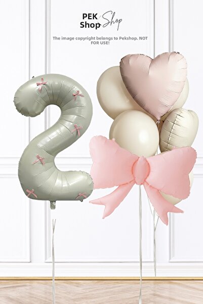 PEKSHOP 2 Year Old Birthday Balloon Set with Pink Bow and Ribbon Decoration