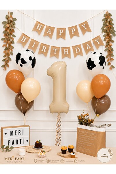 MERİ PARTİ 1 Year Old Farm Themed Cow Printed Balloon Number Balloon Birthday...