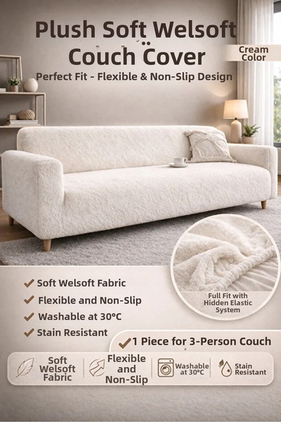 elyar Plush Plain 3-Seater Welsoft Sofa Cover |   Elastic Sofa Cover | Sofa B...