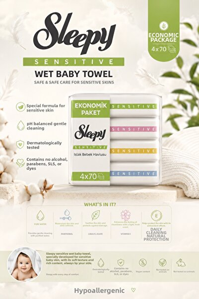 Sleepy Sensitive Wet Baby Towel 4X70 Sheets 280 Pieces Economic Package Speci...