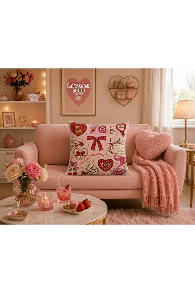 Piloji Coquette Patterned Decorative Throw Pillow Cover 43X43 cm Pink Heart a...
