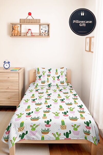 Evimde Bambaşka Green Cacti Young Room Single Pique Set-Pastel Pink 160X220 c...