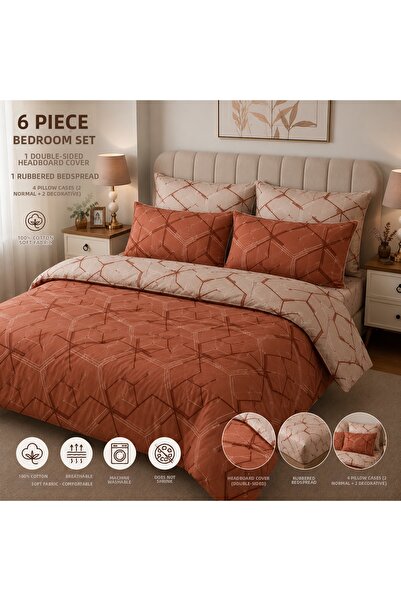 Zeren Home 6 Piece Double Duvet Cover Set |   100% Cotton |   Double Sided |   Elasticized Sheet |   Geometric Patterned |   Cinnamon-Beige |   Boxed