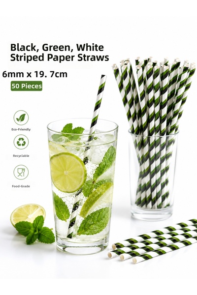 alenked Black Green White Striped Paper Straws 6mm X 19.7 cm -50 Pieces