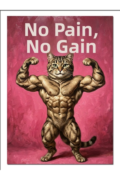 Artmeg No Pain No Gain Pânză decorativă cu pisică musculoasă - Tablou din lem...