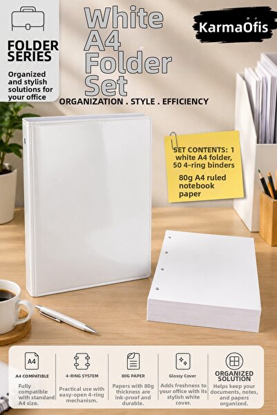 KarmaOfis A4 4-Ring White Folder Set 50 Sheets 80 Gr Unlined Notepad Paper