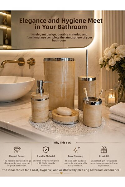 AslıHediyelik Luxury 5 Piece Marble Pattern Cream Bathroom Set / Wc Brush Hol...