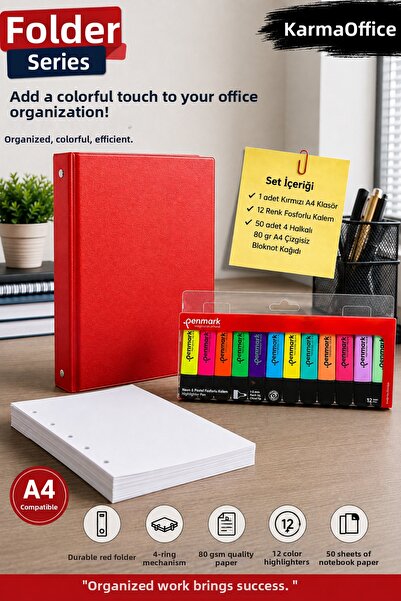 KarmaOfis A4 4-Ring Red Folder Set – 6 Neon 6 Pastel 12 Color Highlighters an...