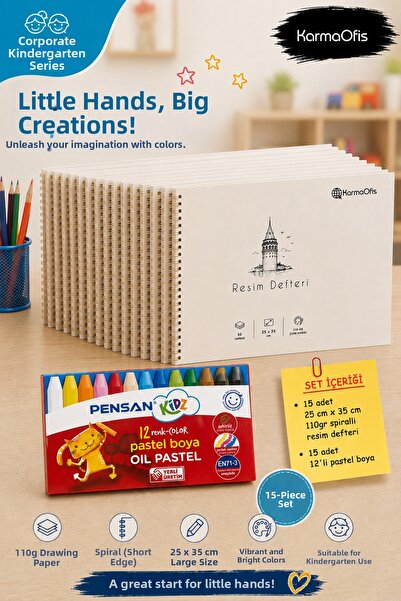 KarmaOfis Kurumsal Anaokul Picture Notebook and 12-Piece Pastel Crayon Set | ...