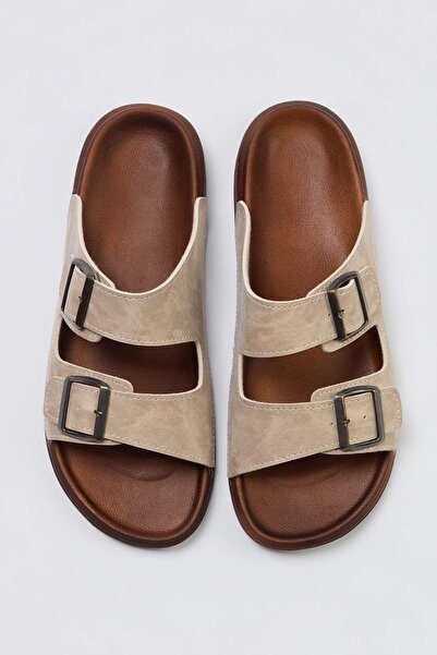 TRENDYOL SHOES Μπεζ ανδρικές παντόφλες με διπλό λουράκι