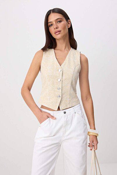 Trendyol Kollektion Ecrufarbene Jeansweste aus 100 % Baumwolle mit Blumenstic...