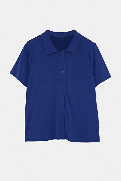 Trendyol Curve Navy Blue Shirt Collar Buttoned Short Sleeve Stretchy Knitted ...