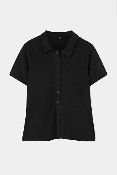 Trendyol Curve Black Shirt Collar Buttoned Short Sleeve Stretchy Knitted Over...