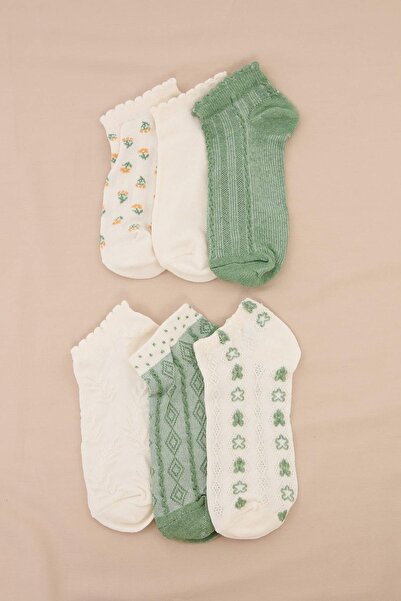 Trendyol Collection White-Green 6-Piece Embroidered Jacquard Knitted Socks Th...