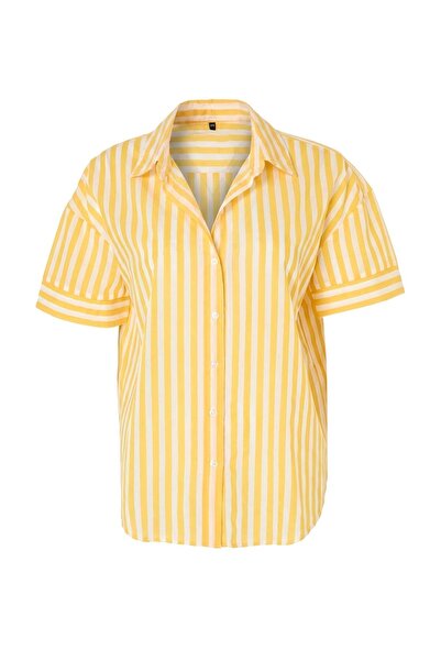Trendyol Collection Striped Woven Oversize 100% Cotton Beach Shirt Tbess26Go0...