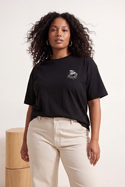Trendyol Curve Schwarzes, 100 % Baumwolle, Oversize/Weit geschnittenes, mit G...
