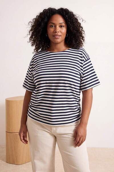 Trendyol Curve Navy Blue-White Striped Boat Neck Knitted Plus Size Blouse Tbb...