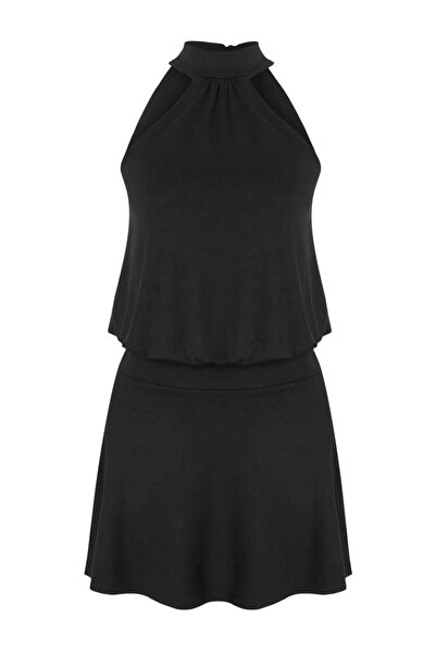 Trendyol Collection Black Open-Waist Halter Collar Sleeveless Mini Soft Knitt...