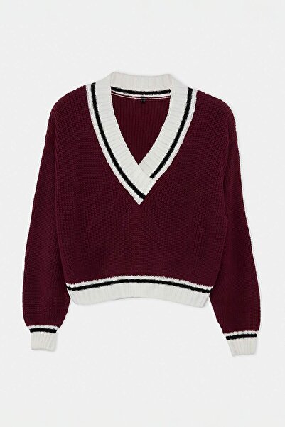 Trendyol Collection Pulover tricotat cu tematică colegială, roșu, cu decolteu...