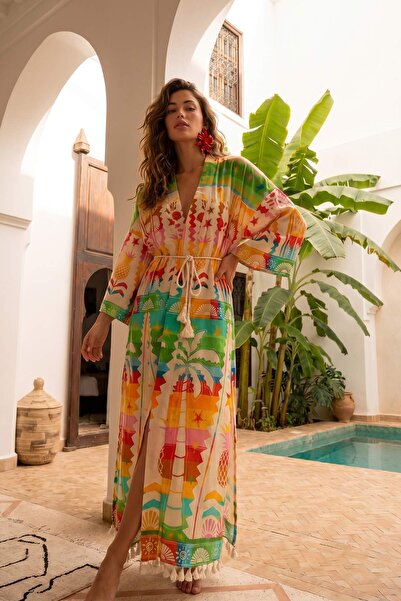 Trendyol Collection Kimono și caftan de plajă, țesut, cu imprimeu tropical, s...
