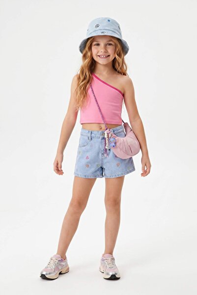 TRENDYOLKIDS Blaue Mädchen-Jeansshorts & Bermuda mit Herz-Stickerei TKDSS25SR...