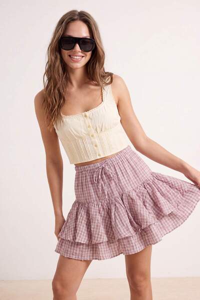 Trendyol Collection Pink Tiny Plaid 100% Cotton Ruffle Mini Skirt Twoss26Et00249