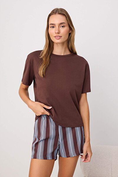 Trendyol Collection Brown 100% Cotton Striped Knitted Pajamas Set Thmss26Pt00167