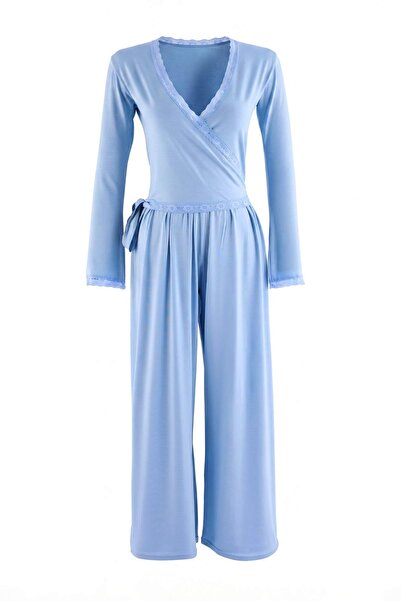 Trendyol Collection Light Blue Lace Detailed Double Breasted Viscose Knitted ...