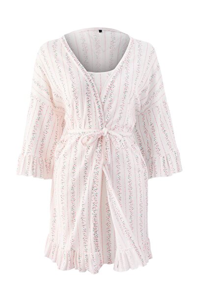 Trendyol Collection White-Pink 2-Piece Floral Knitted Dressing Gown+Nightgown...