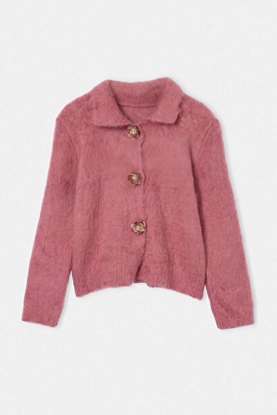 Trendyol Collection Dusty Rose Button Detailed Boucle Yarn Knitwear Cardigan ...
