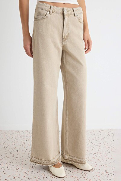 Trendyol Collection Beige Vintage Washed High Waist Wide Leg Jeans with Cuff ...