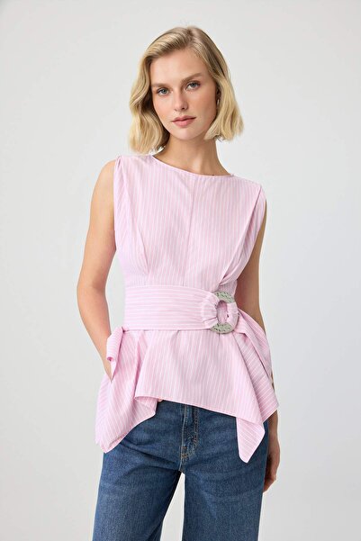 Trendyol Collection Pink Striped Belted Asymmetrical Stylish Woven Blouse Two...