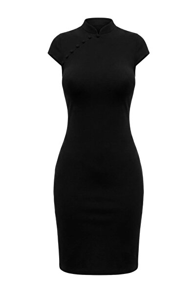 Συλλογή Trendyol Μαύρο ίσιο φόρεμα Bodycon με γιακά και μανίκια, κοντό μίντι,...