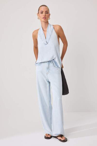 Trendyol Collection Bluză cu guler halter, albastru deschis, cu pantaloni din...