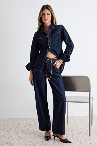 Trendyol Collection بنطلون جينز أزرق داكن عالي الخصر TWOAW27JE00109