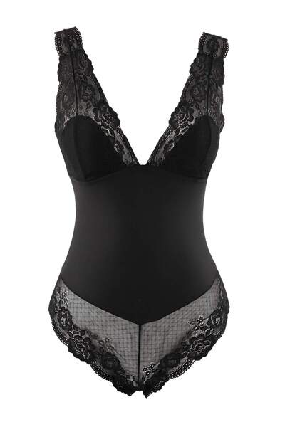 Trendyol Collection بودي سوت دانتيل أسود مسطح THMAW27BD00009