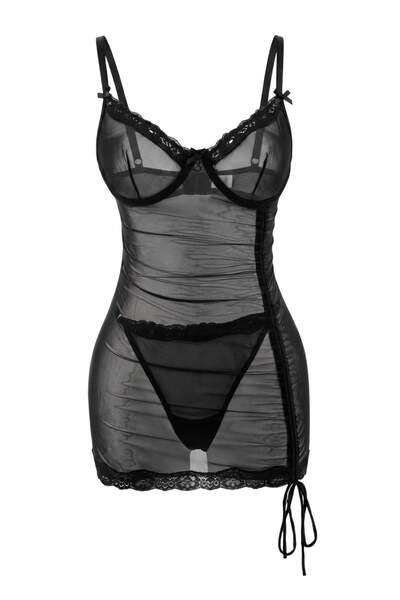 Trendyol Collection قميص نوم من التول الأسود والدانتيل مع أربطة جانبية ودعامة...