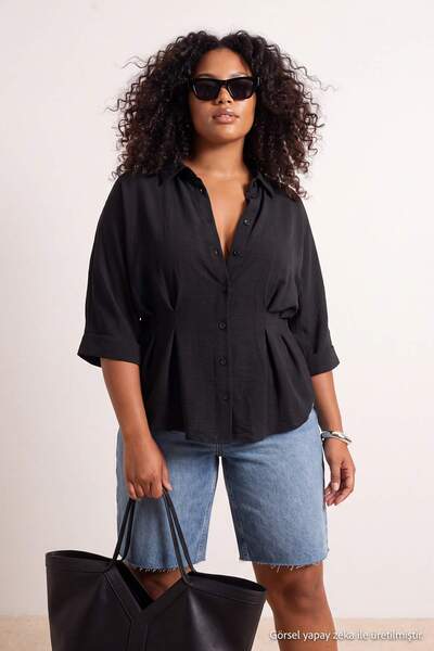 Trendyol Curve Black Soft Buttoned Waist-Fitted Pleated Plus Size Shirt Tbbss...
