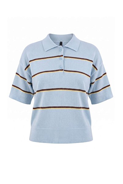 Trendyol Collection Light Blue Wardrobe Essentials Summer Yarn Striped Polo C...