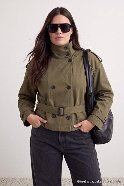 Trendyol Curve Wardrobe Essentials Khaki Regular Large Size Stand Collar Belt...