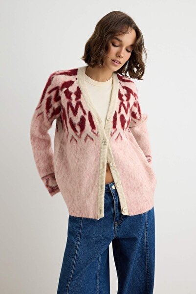 Trendyol Collection Powder Soft Textured Jacquard V-Neck Knitwear Cardigan Tw...