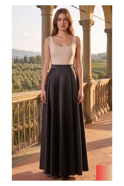 WAYS Γυναικεία μαύρη σατέν φούστα με φερμουάρ, ψηλόμεση μακριά φούστα