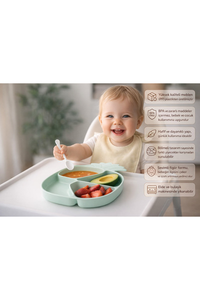 SHOP AND JOY Green Baby Food Plate Set with Pineapple Figure and Compartments - Spoon and Fork Set Bpa-Free